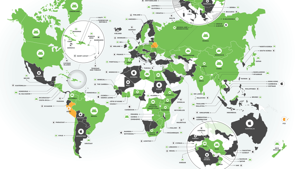 In green: Android countries; in grey: iPhone territory; in yellow: the undecideds.